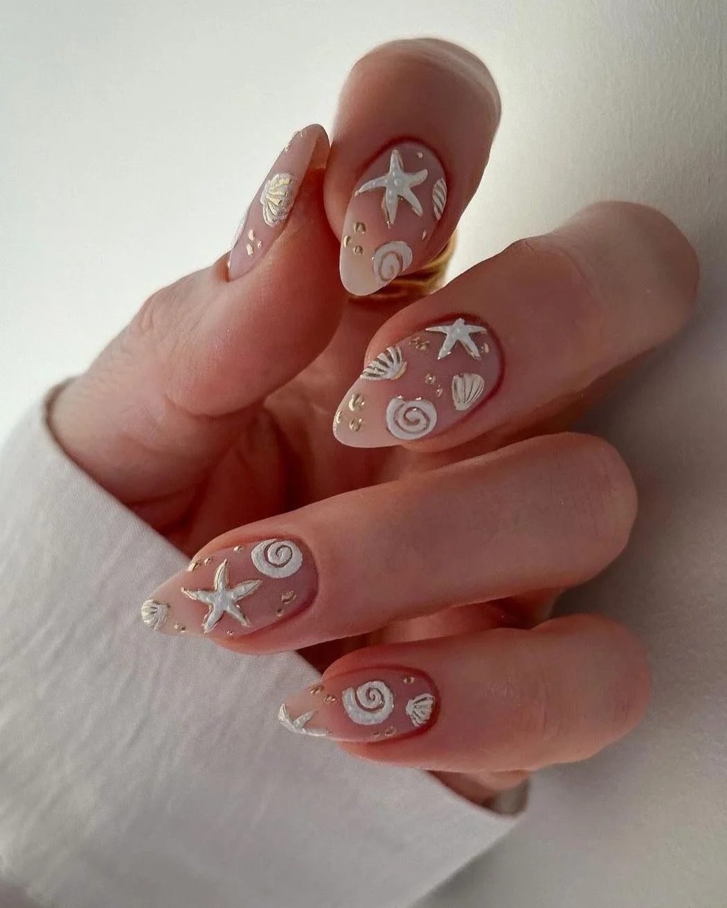 starfish summer nails 2026 + Pearly Seashell Almond Nails with Raised White Art