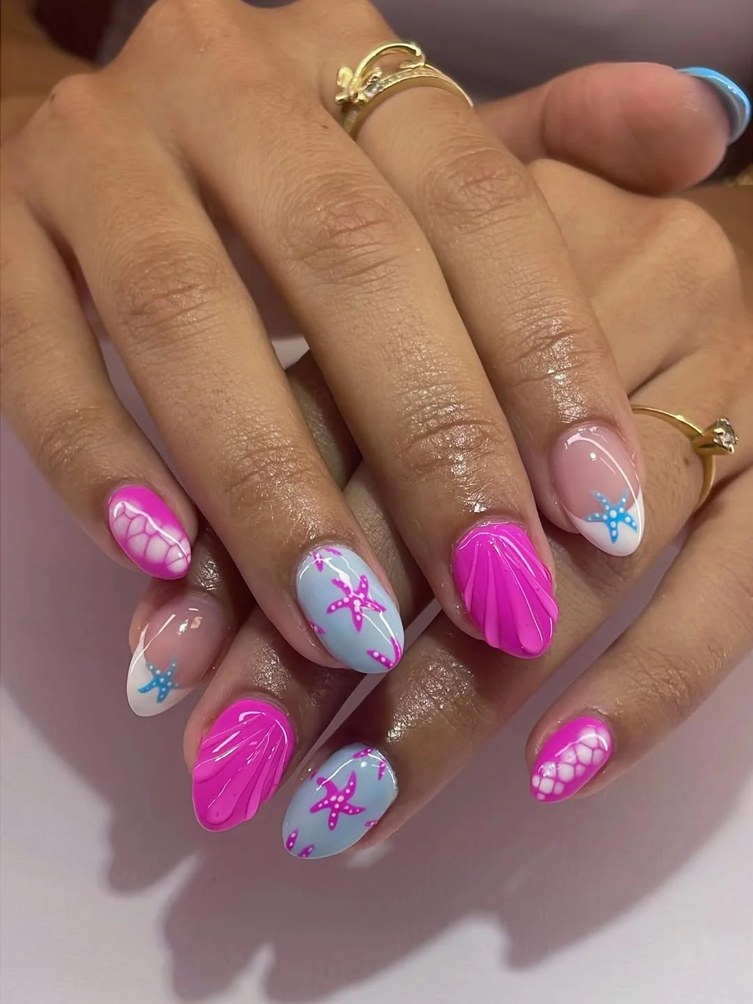 starfish summer nails 2026 + Pink Shell Nails with Blue Starfish Accents