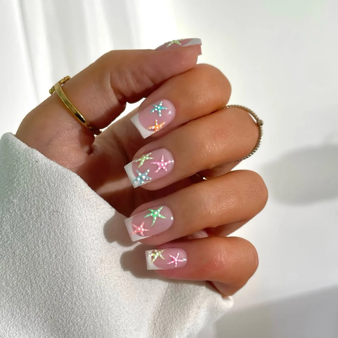 starfish summer nails 2026 + Colorful Starfish French Tips for a Clean Beach Mood