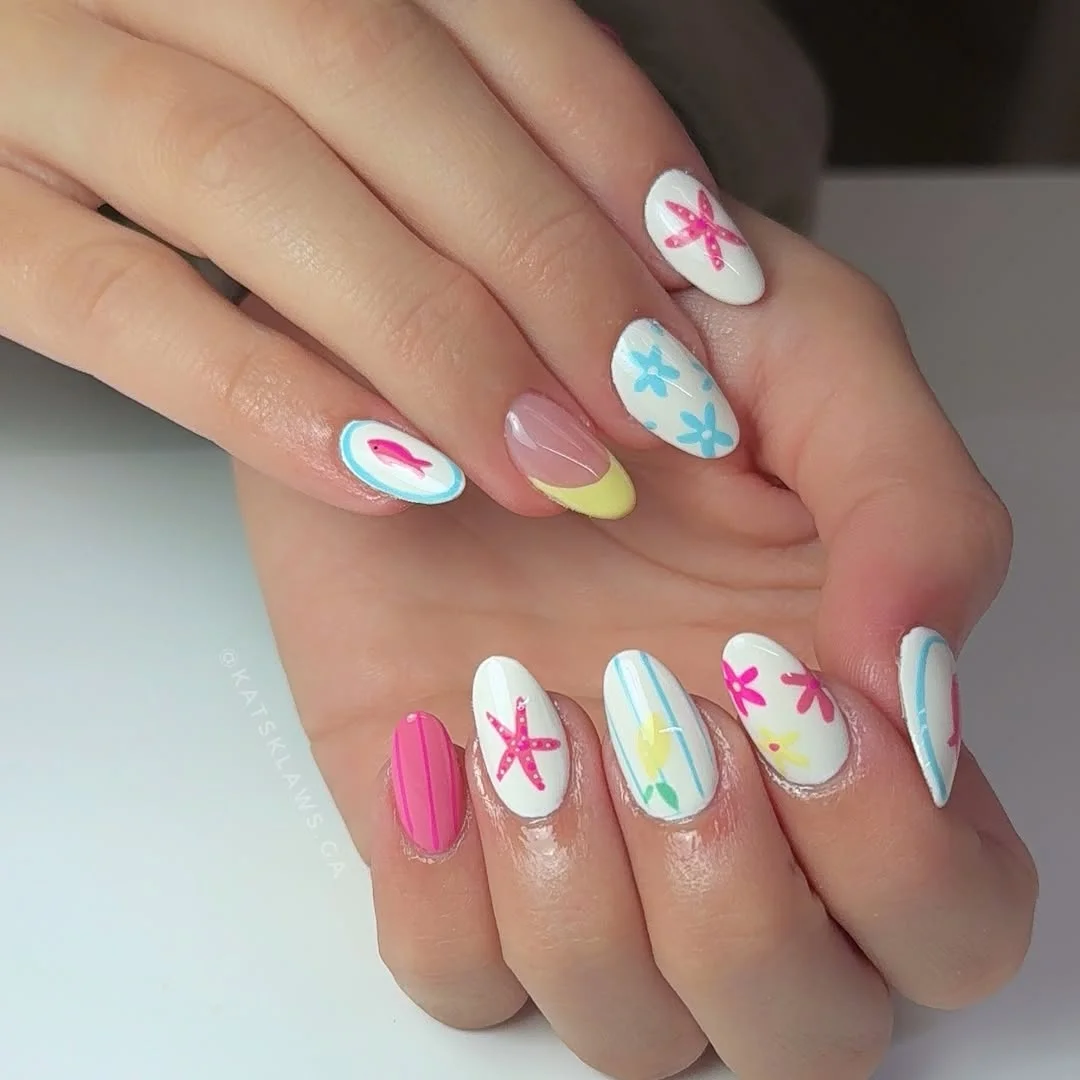 starfish summer nails 2026 + Playful White Starfish Nails with Pink and Blue Details