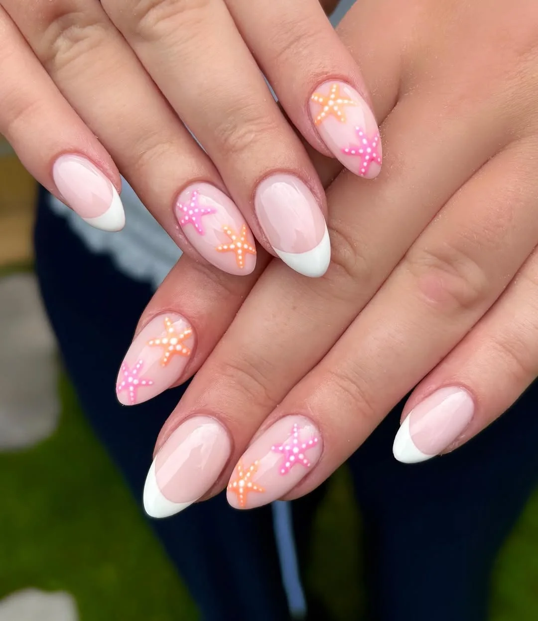 starfish summer nails 2026 + Pink and Orange Starfish Almond French Nails