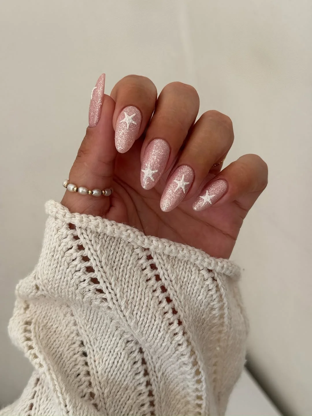 starfish summer nails 2026 + Glitter Pink Almond Nails with White Starfish