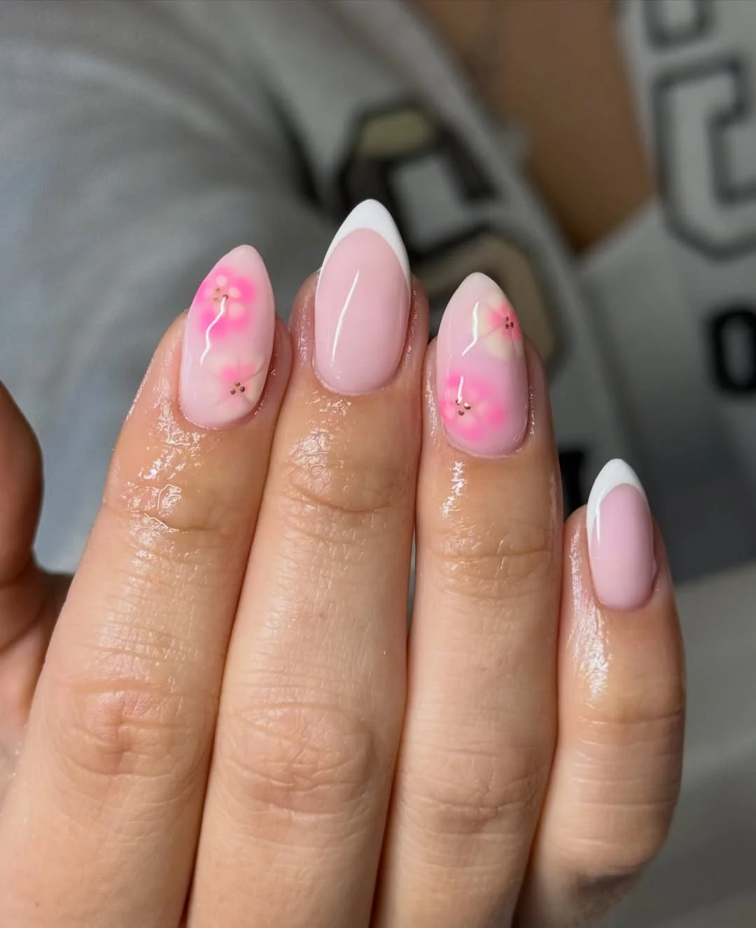 summer oval nails 2026 Soft Pink Florals With White Oval French Tips