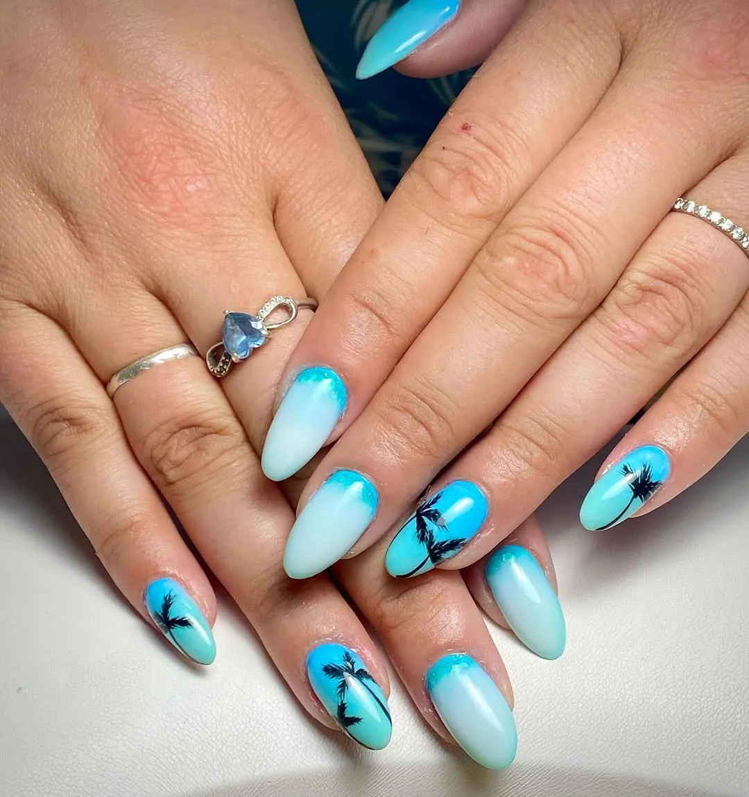 summer oval nails 2026 Blue Lagoon Oval Nails With Palm Tree Art