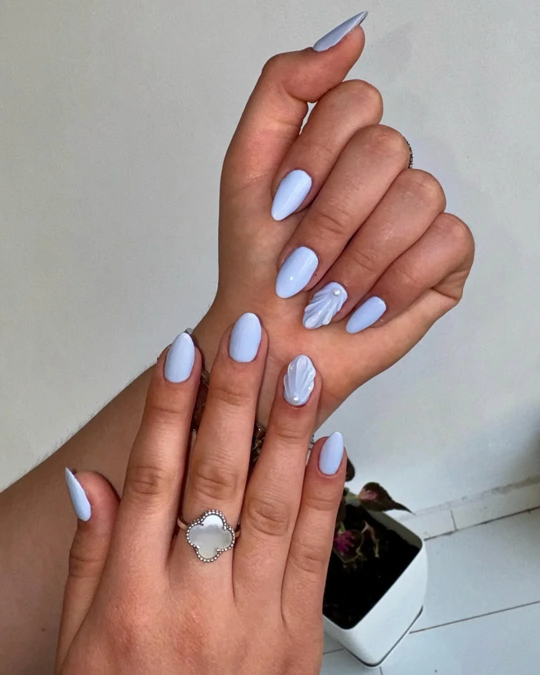 summer oval nails 2026 Powder Blue Oval Nails With Seashell Accent Art