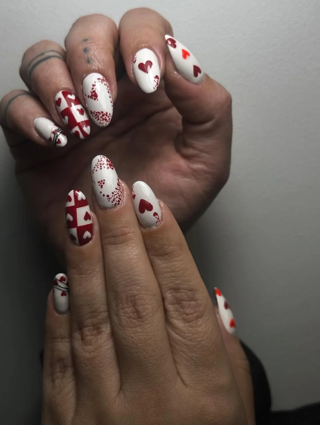 summer oval nails 2026 Red Heart Oval Nails With a Playful White Base
