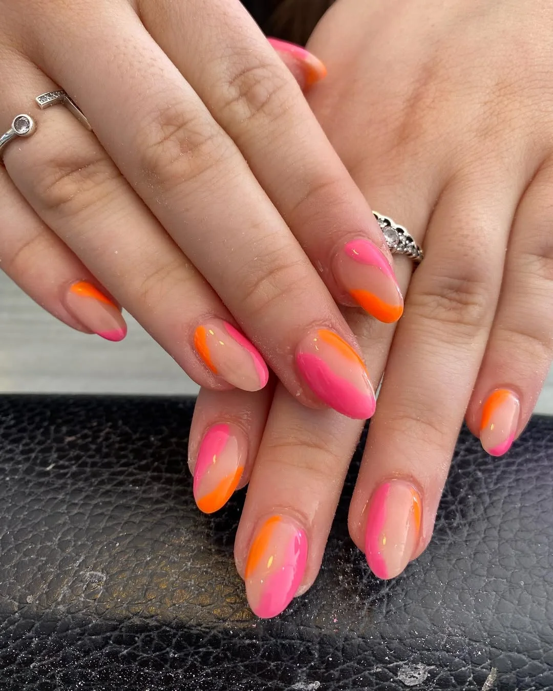 summer oval nails 2026 Bright Pink and Orange Waves for Oval Summer Nails