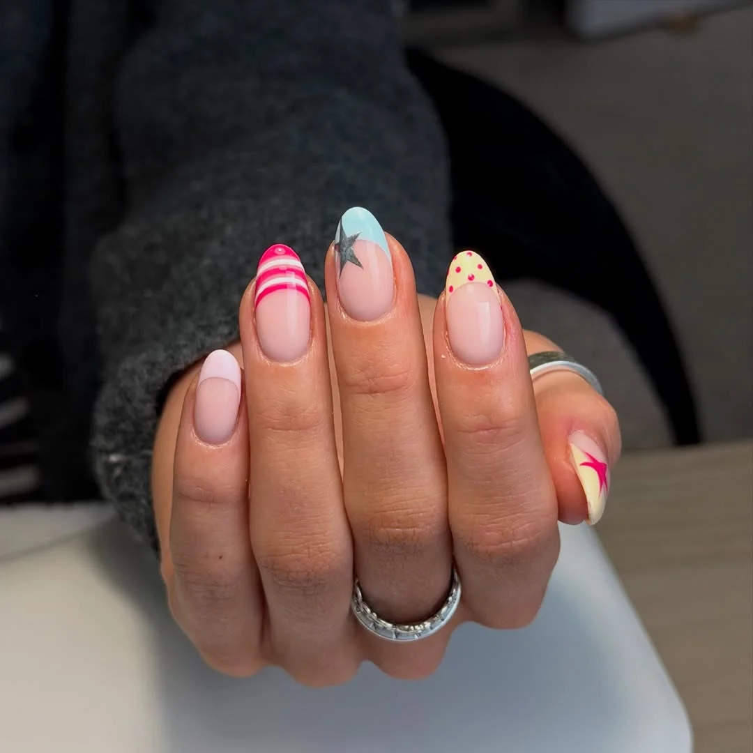 summer oval nails 2026 Playful Pastel Oval Nails With Stars and Stripes