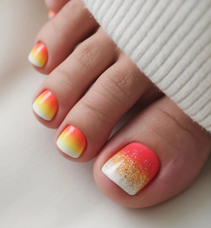 summer pedicure nail art 2026 Sunset Ombre Toes With A Golden Glitter Accent