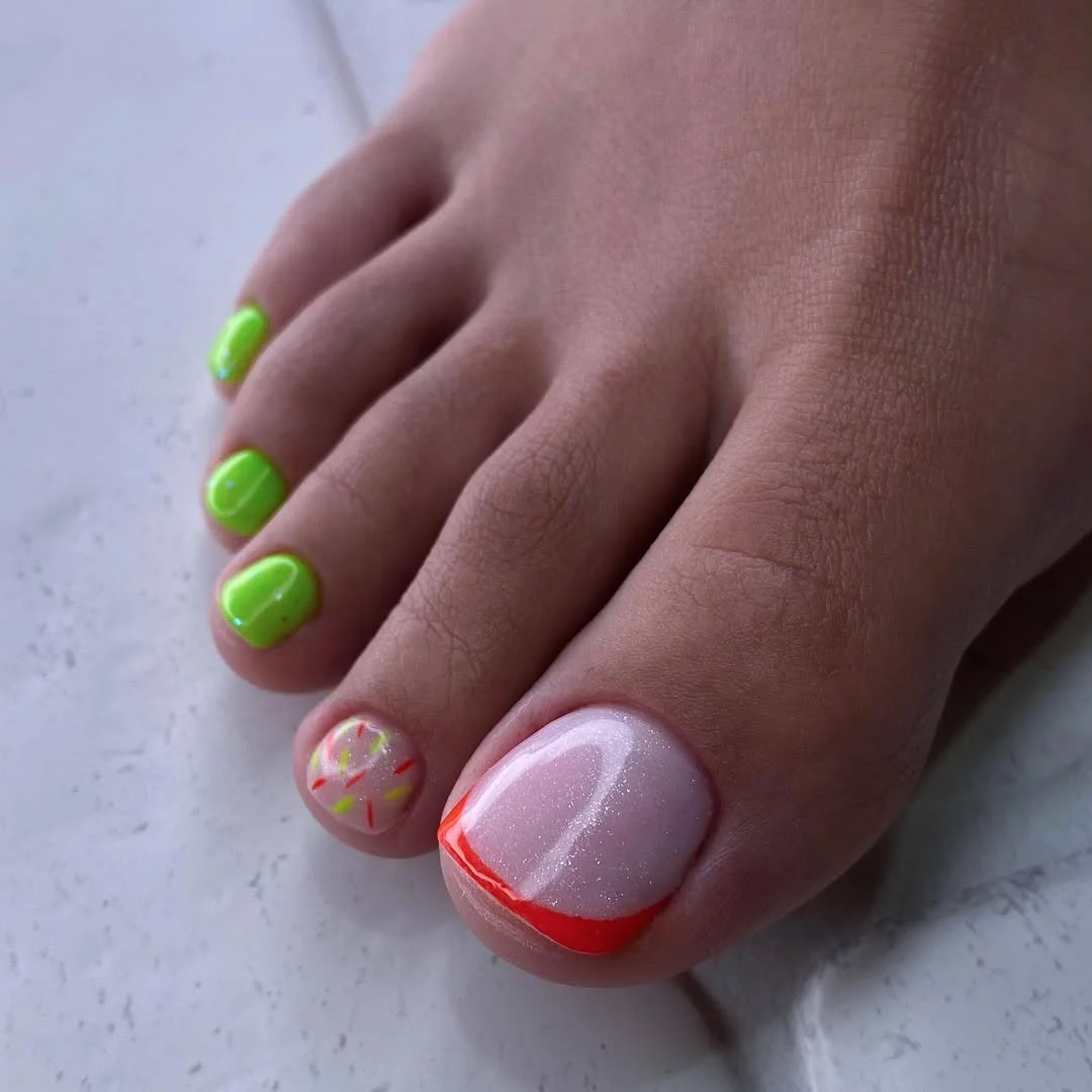 summer pedicure nail art 2026 Neon Green Pedicure With A Coral French Accent