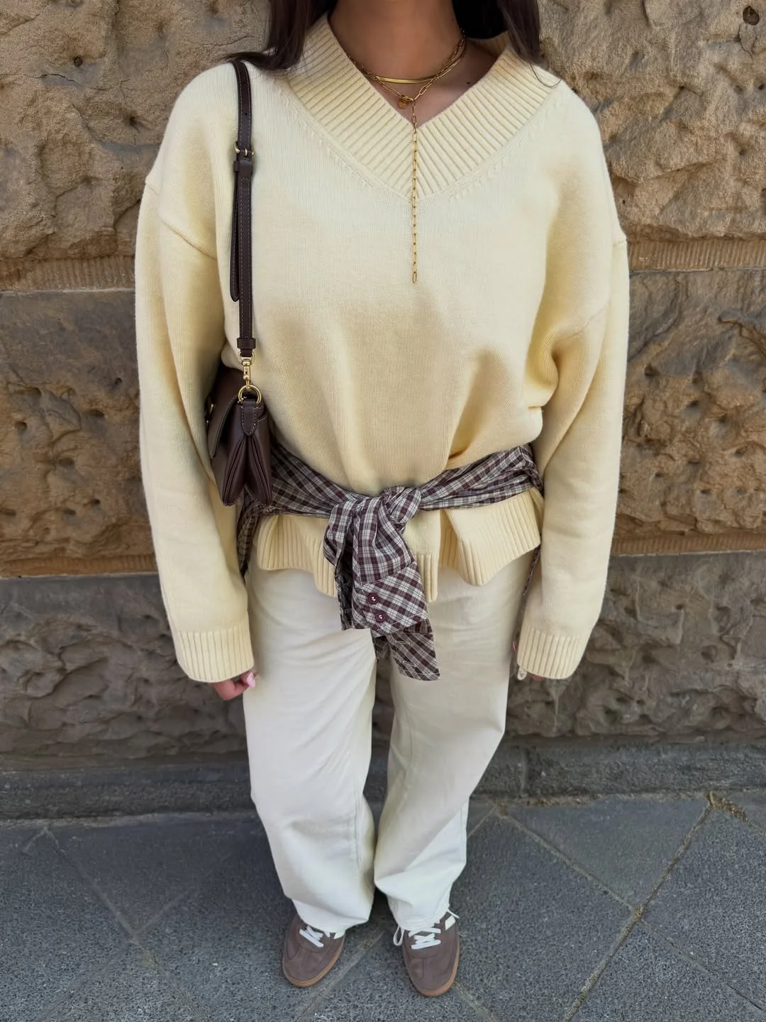 Summer to fall outfits 2026 Soft Cream Knit With a Plaid Waist Layer