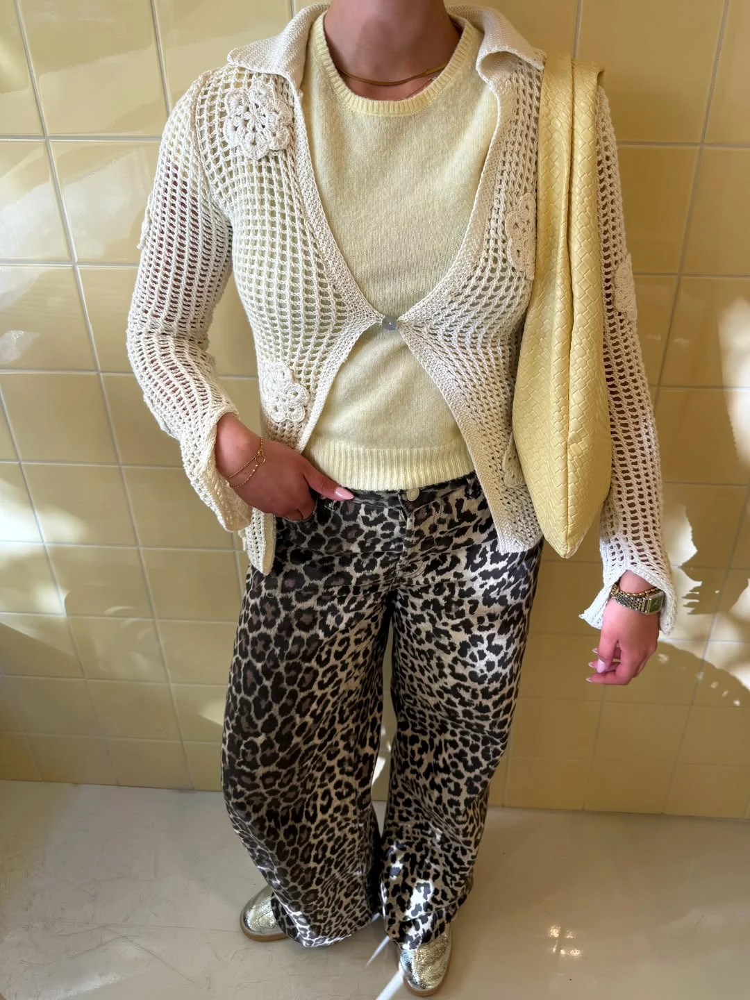Summer to fall outfits 2026 Crochet Cardigan and Leopard Pants