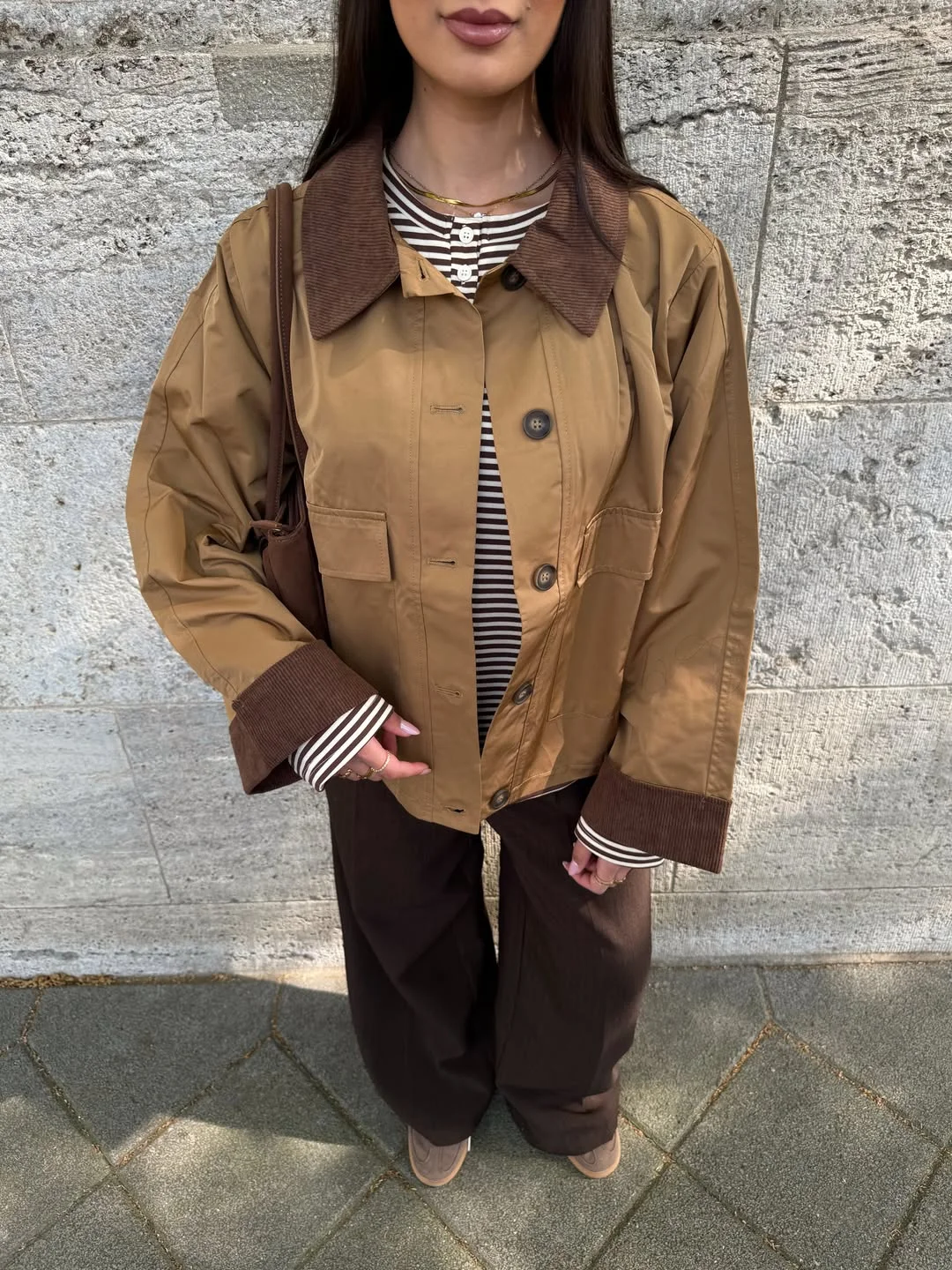 Summer to fall outfits 2026 Utility Jacket With Stripes and Soft Brown Tones