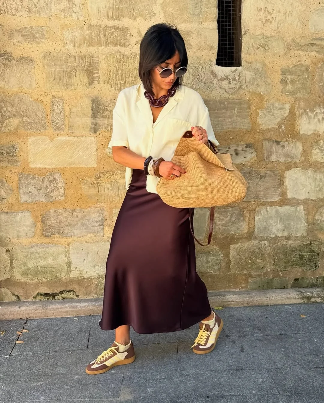 Summer to fall outfits 2026 Ivory Shirt With a Chocolate Satin Skirt