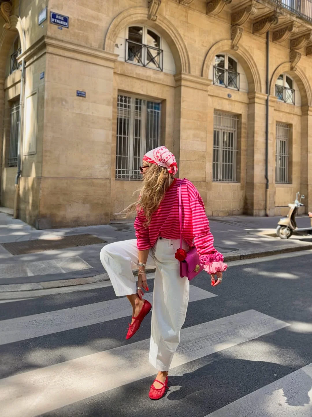 Summer to fall outfits 2026 Pink Stripes With White Denim and Red Flats