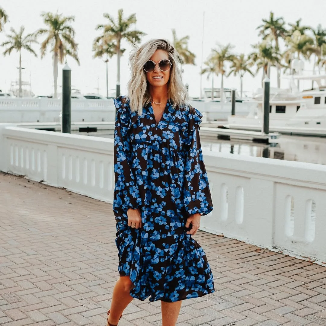 Summer to fall outfits 2026 Dark Blue Floral Dress for Warm Fall Days