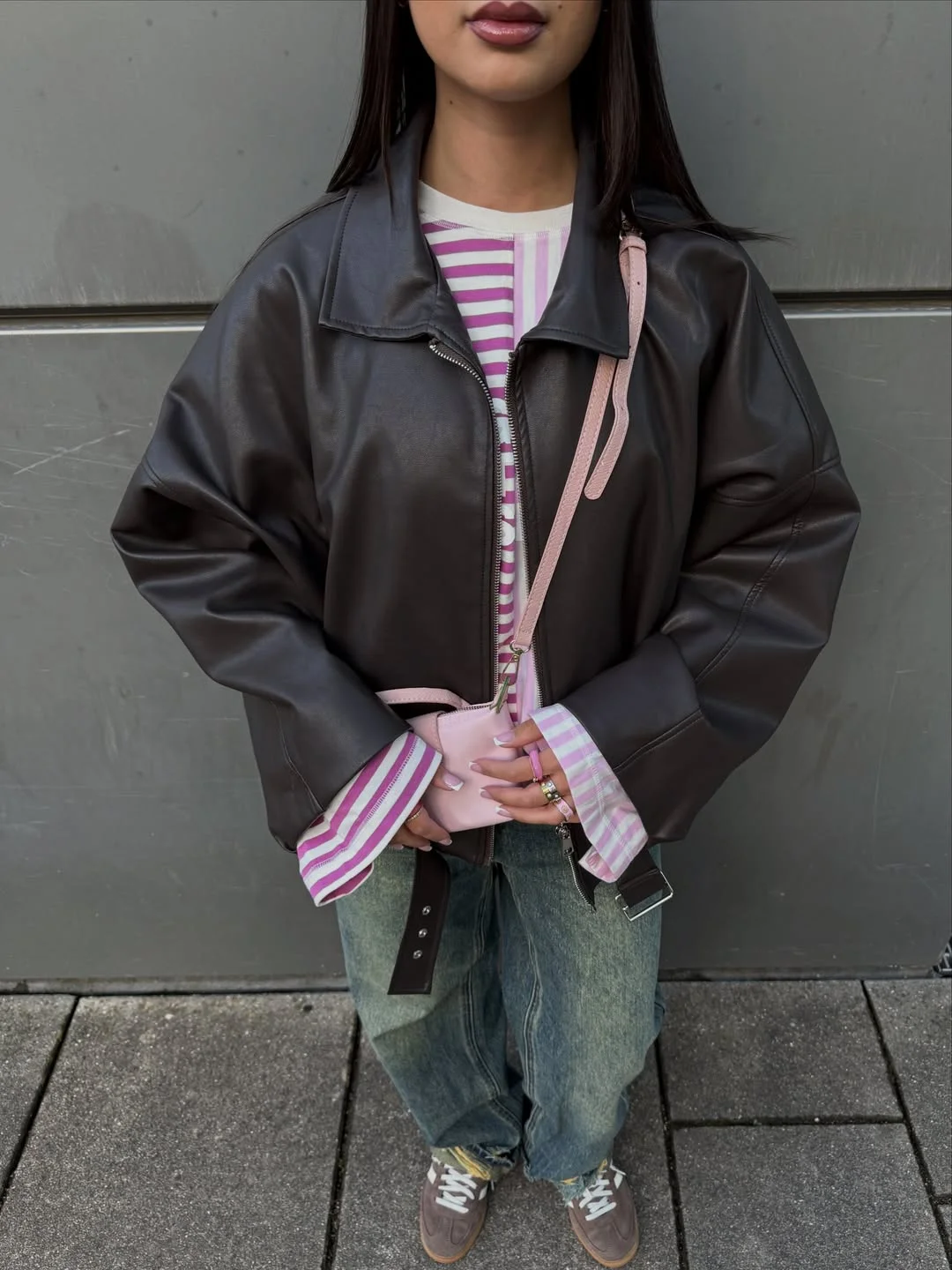 Summer to fall outfits 2026 Leather Jacket and Pink Stripes for Cool-Girl Contrast