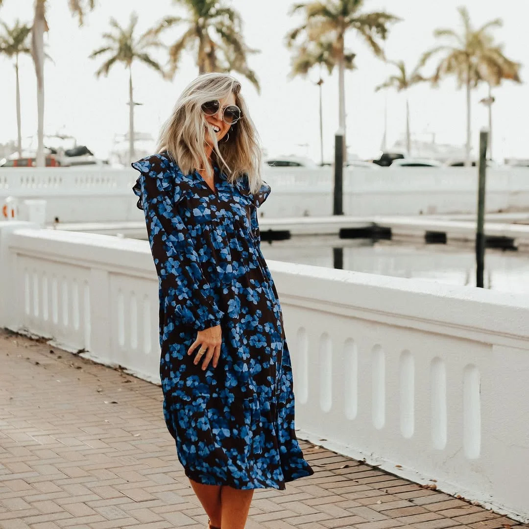 Summer to fall outfits 2026 Moody Blue Floral Dress With Easy Movement