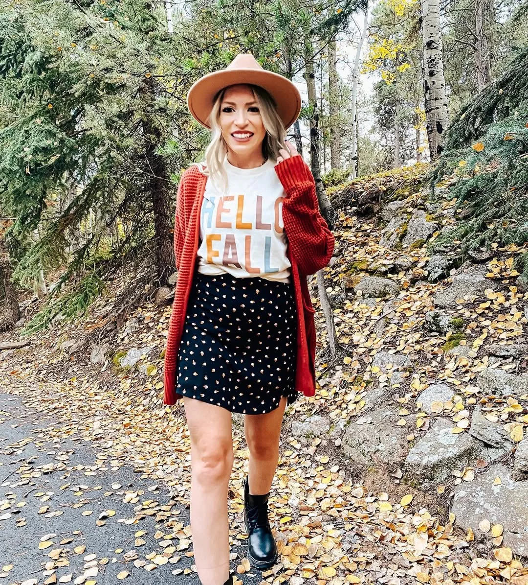 Summer to fall outfits 2026 Red Cardigan With a Fall Graphic Tee and Mini Skirt
