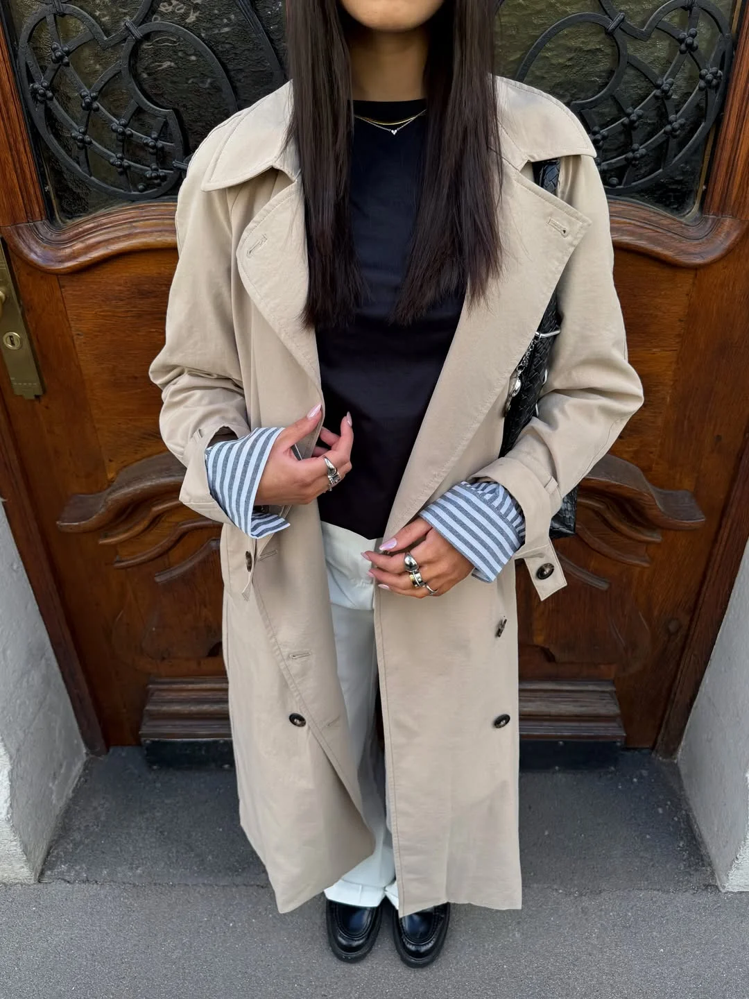 Summer to fall outfits 2026 Classic Trench Over Black and White Basics