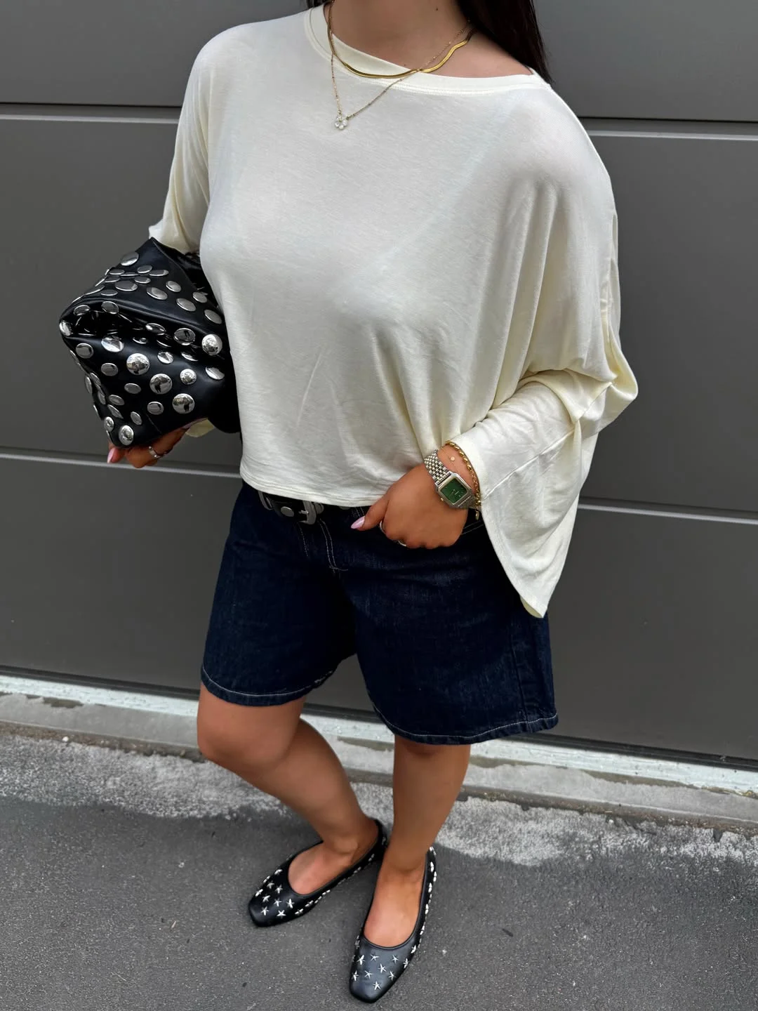 Summer to fall outfits 2026 Oversized Cream Top With Denim Bermuda Shorts