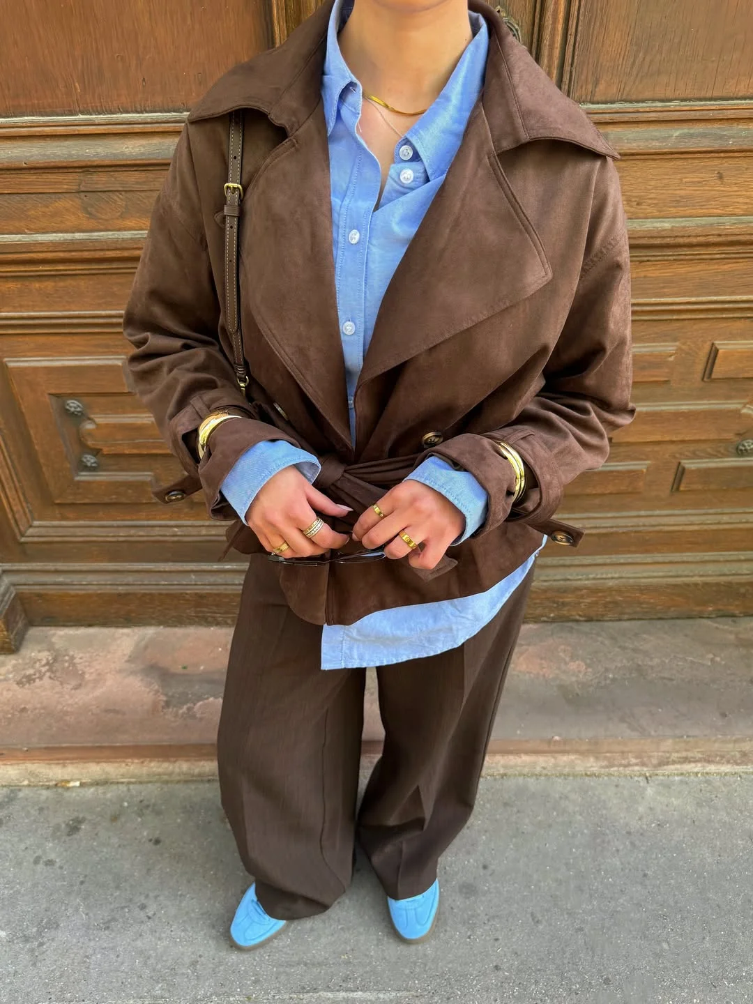 Summer to fall outfits 2026 Chocolate Suede Layers With a Blue Shirt Pop