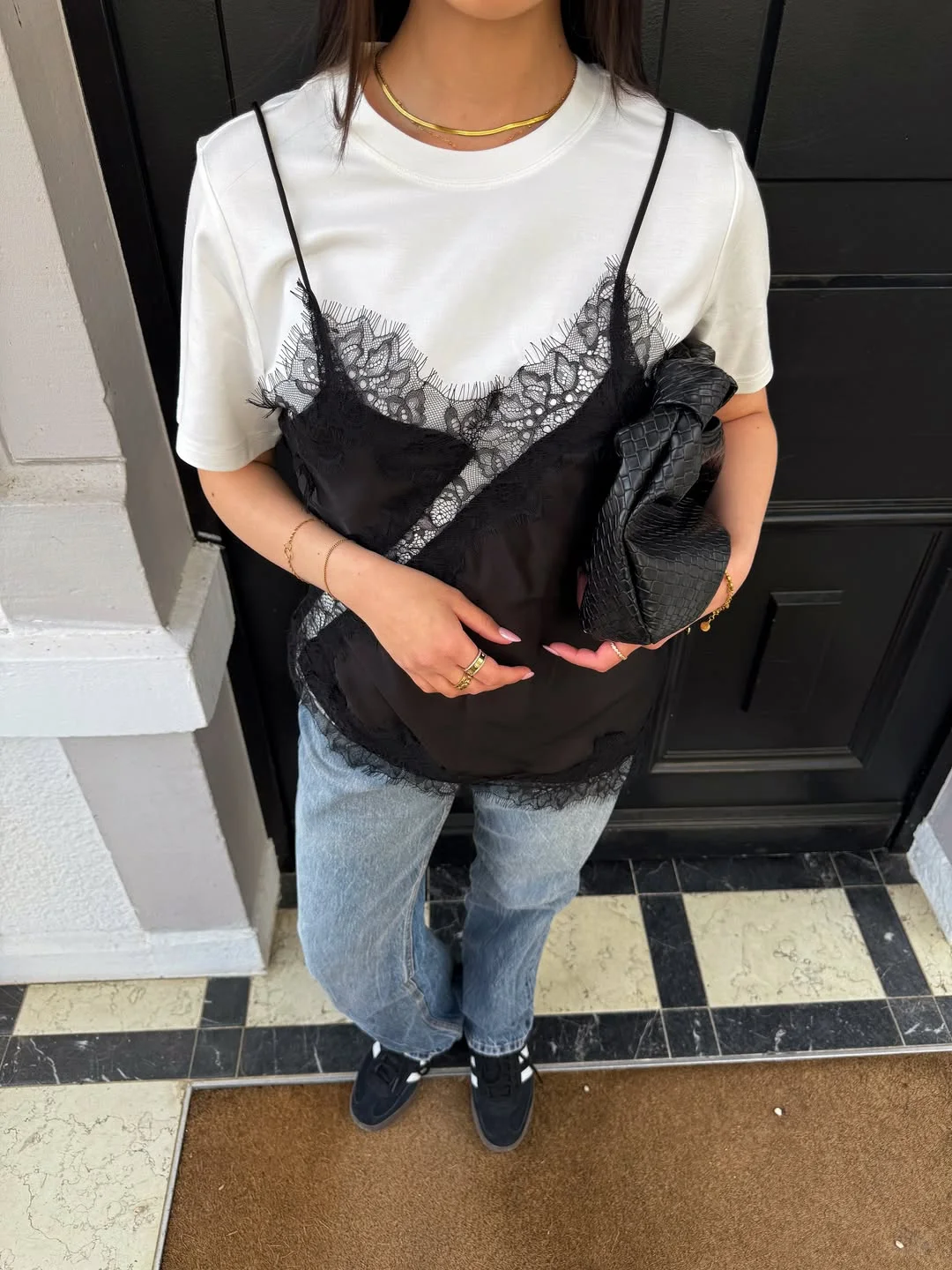 Summer to fall outfits 2026 White Tee and Lace Slip Layering