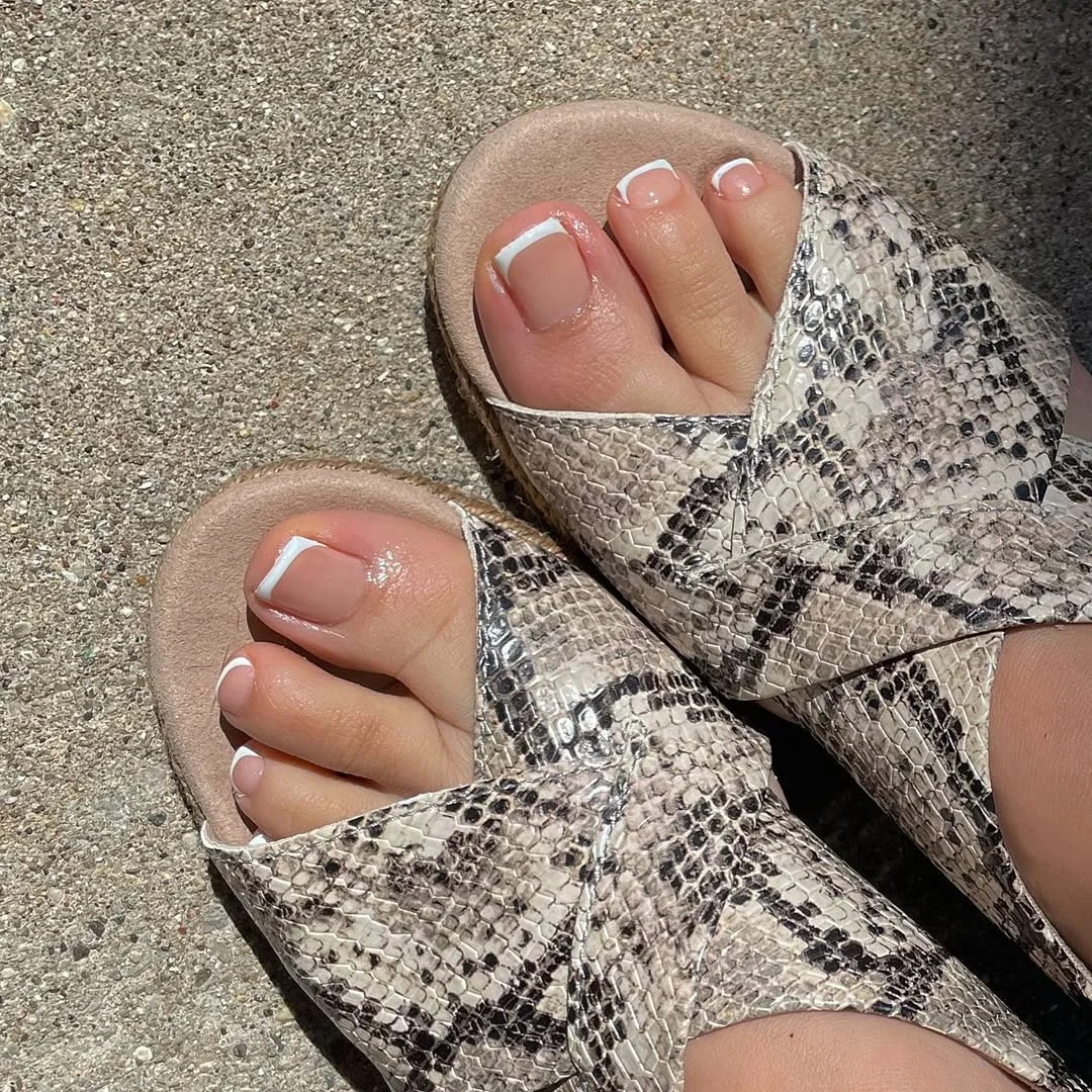 summer white french toes 2026 + Snake Print Slides With Sharp White French Edges