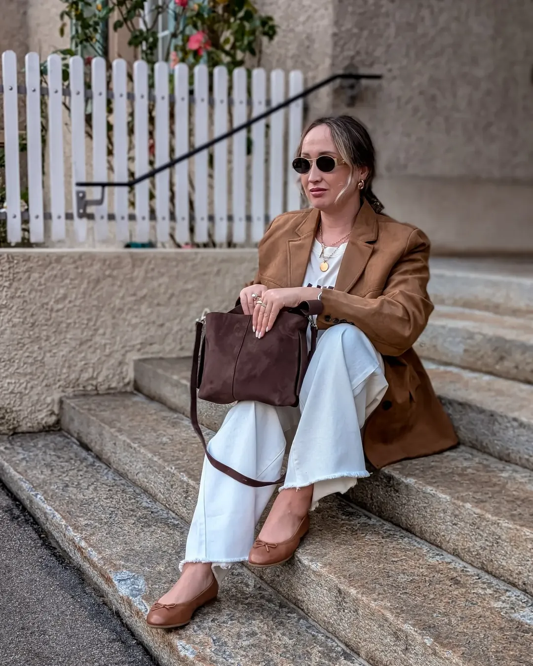 Trendy blazer outfits - fall 2026 + Brown Blazer With Soft White Trousers And Everyday Elegance