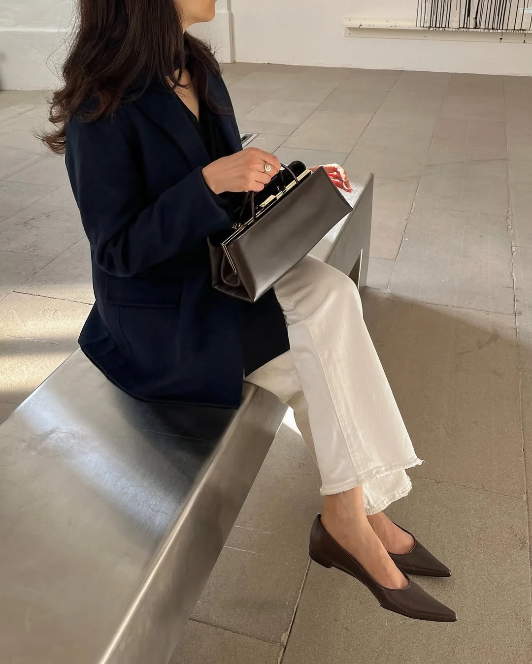 Trendy blazer outfits - fall 2026 + Navy Blazer With White Jeans And Dark Brown Accessories