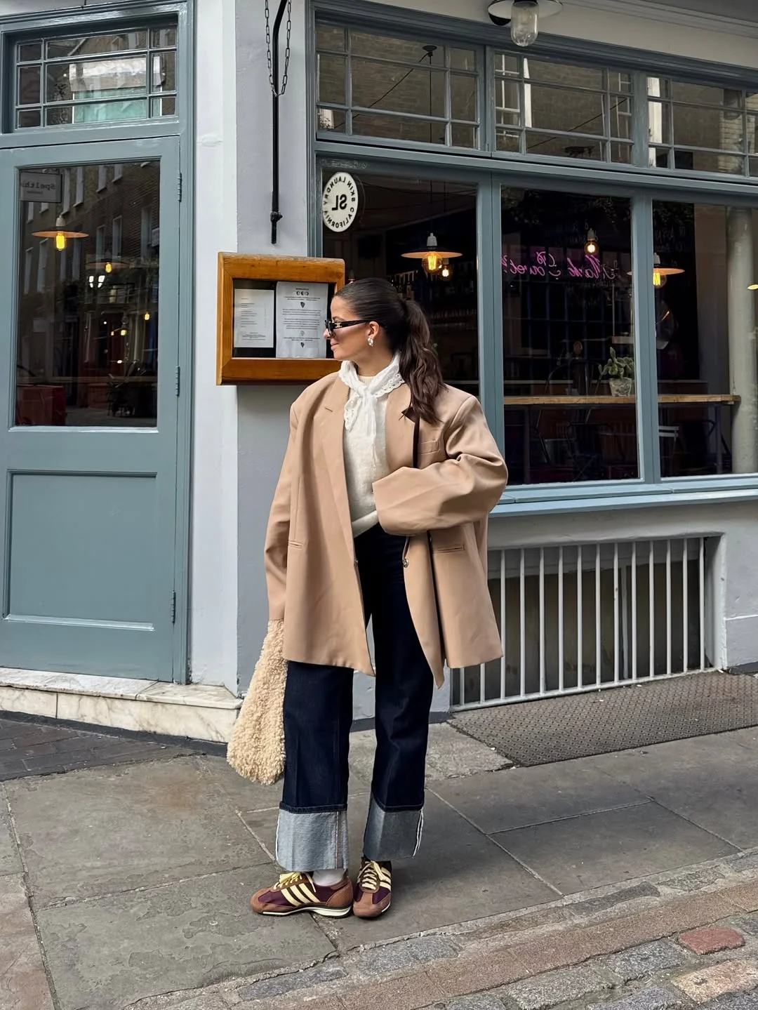 Trendy blazer outfits - fall 2026 + Oversized Beige Blazer With Cuffed Denim And Retro Sneakers