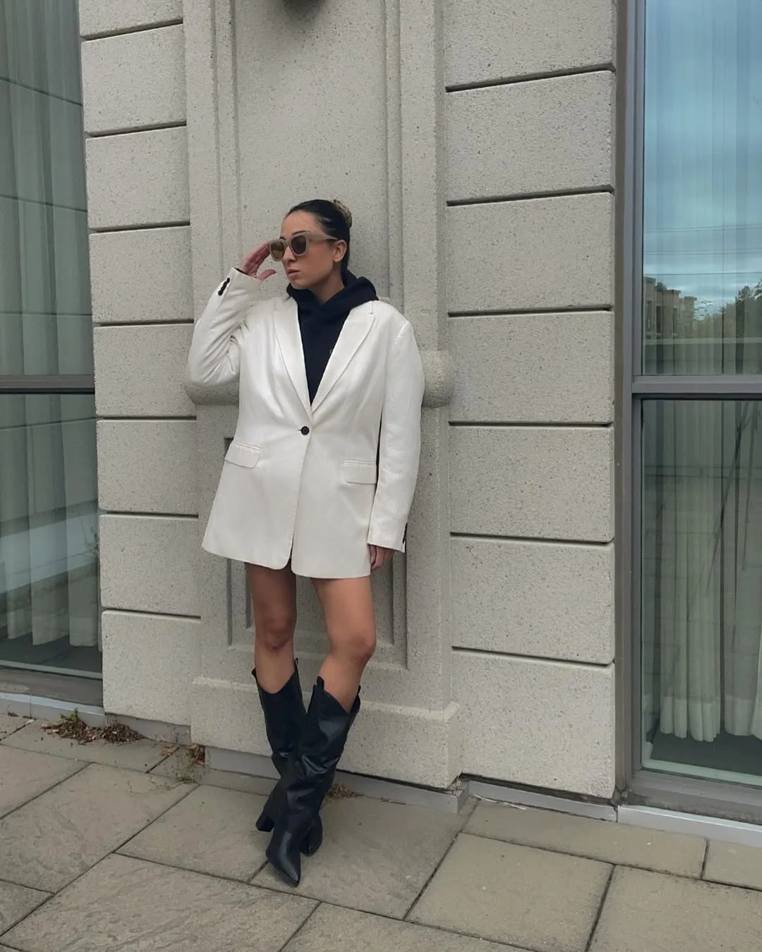 Trendy blazer outfits - fall 2026 + White Blazer With A Black Hoodie And Knee-High Boots