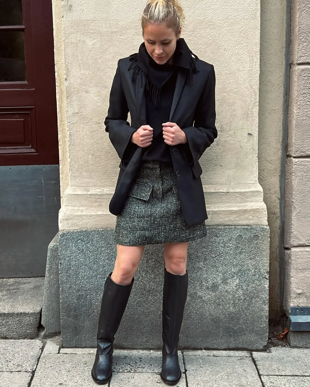 Trendy blazer outfits - fall 2026 + Black Blazer With A Tweed Mini Skirt And Tall Boots