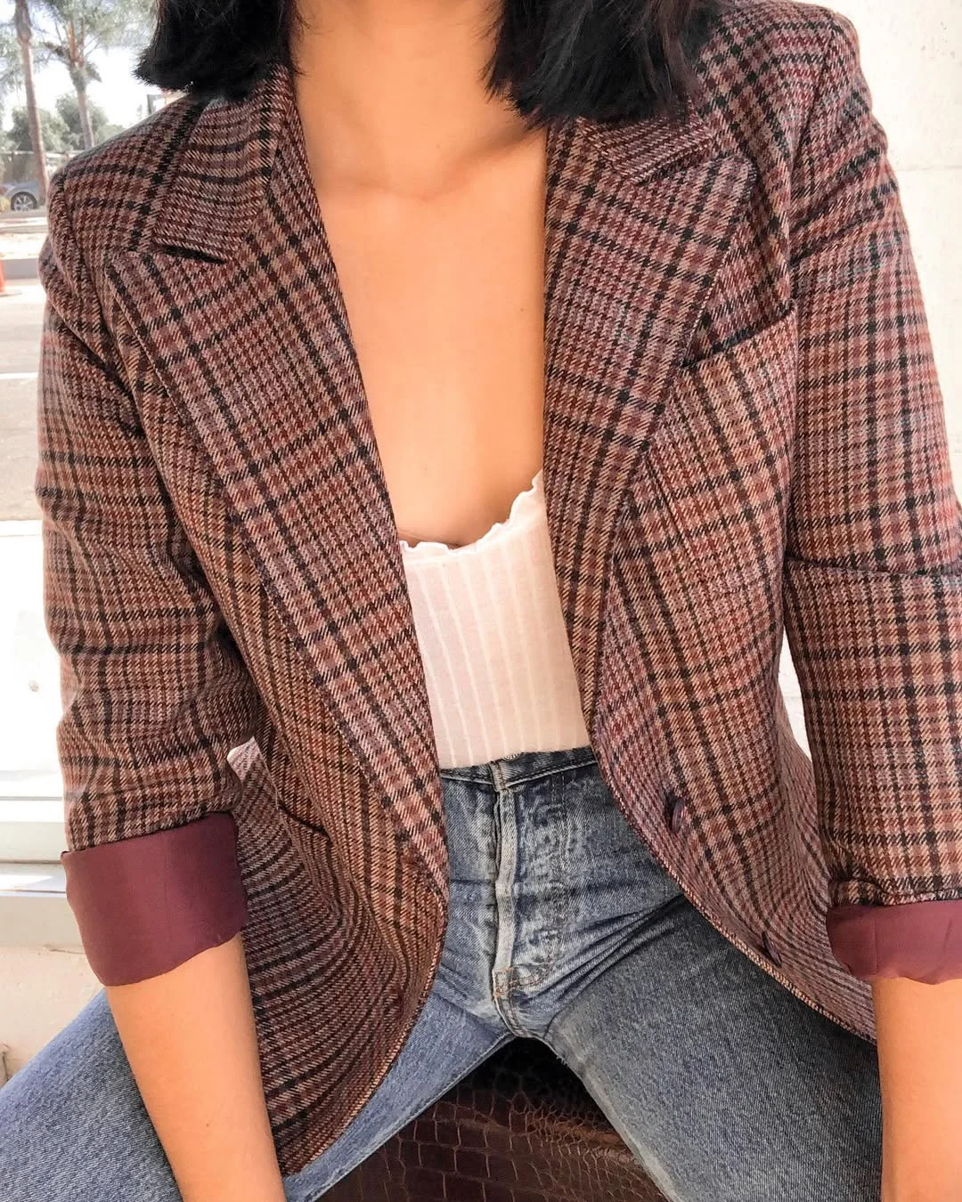 Trendy blazer outfits - fall 2026 + Plaid Blazer With A Romantic White Top And Vintage Denim