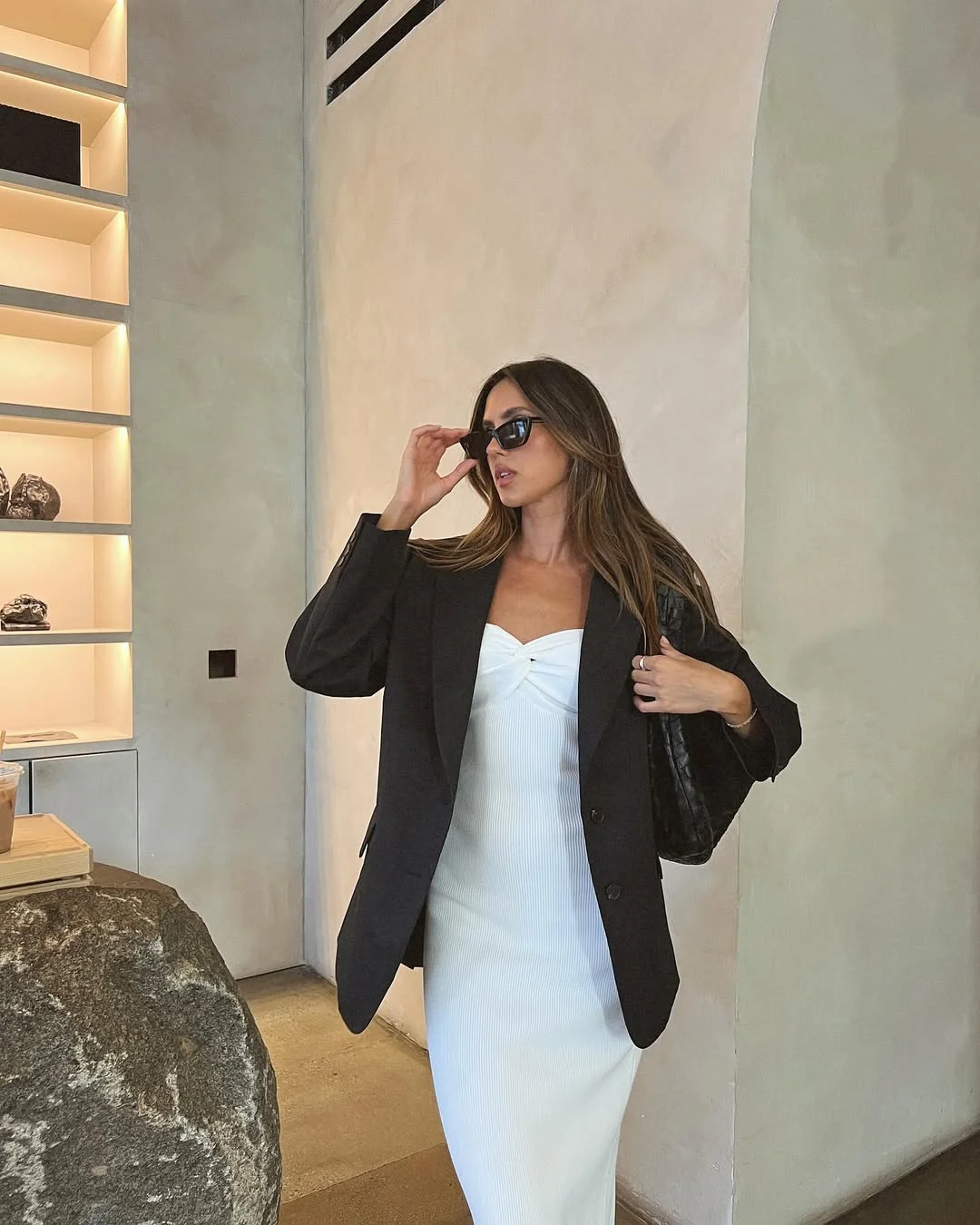 Trendy blazer outfits - fall 2026 + Black Blazer Over A White Knit Dress