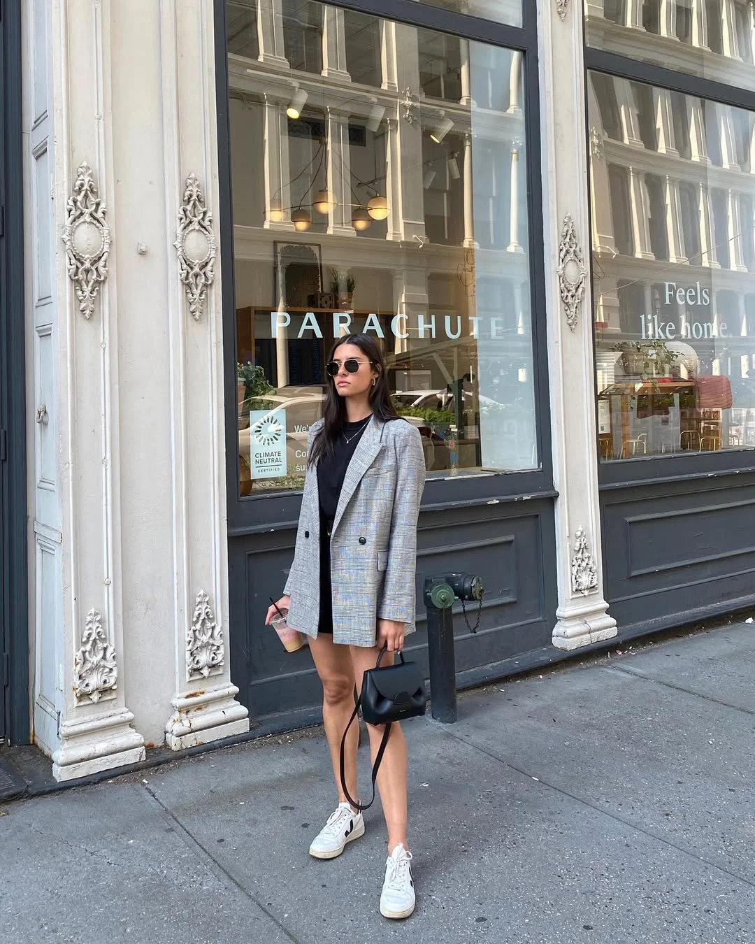 Trendy blazer outfits - fall 2026 + Grey Plaid Blazer With Sneakers And A Mini Hemline