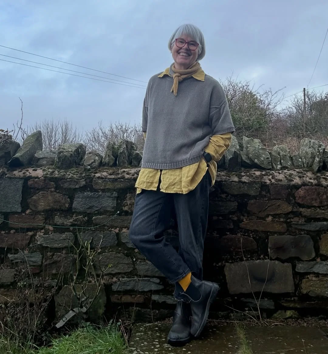 what to wear in fall 2026 over 50 Layered Gray Knit With Mustard Details