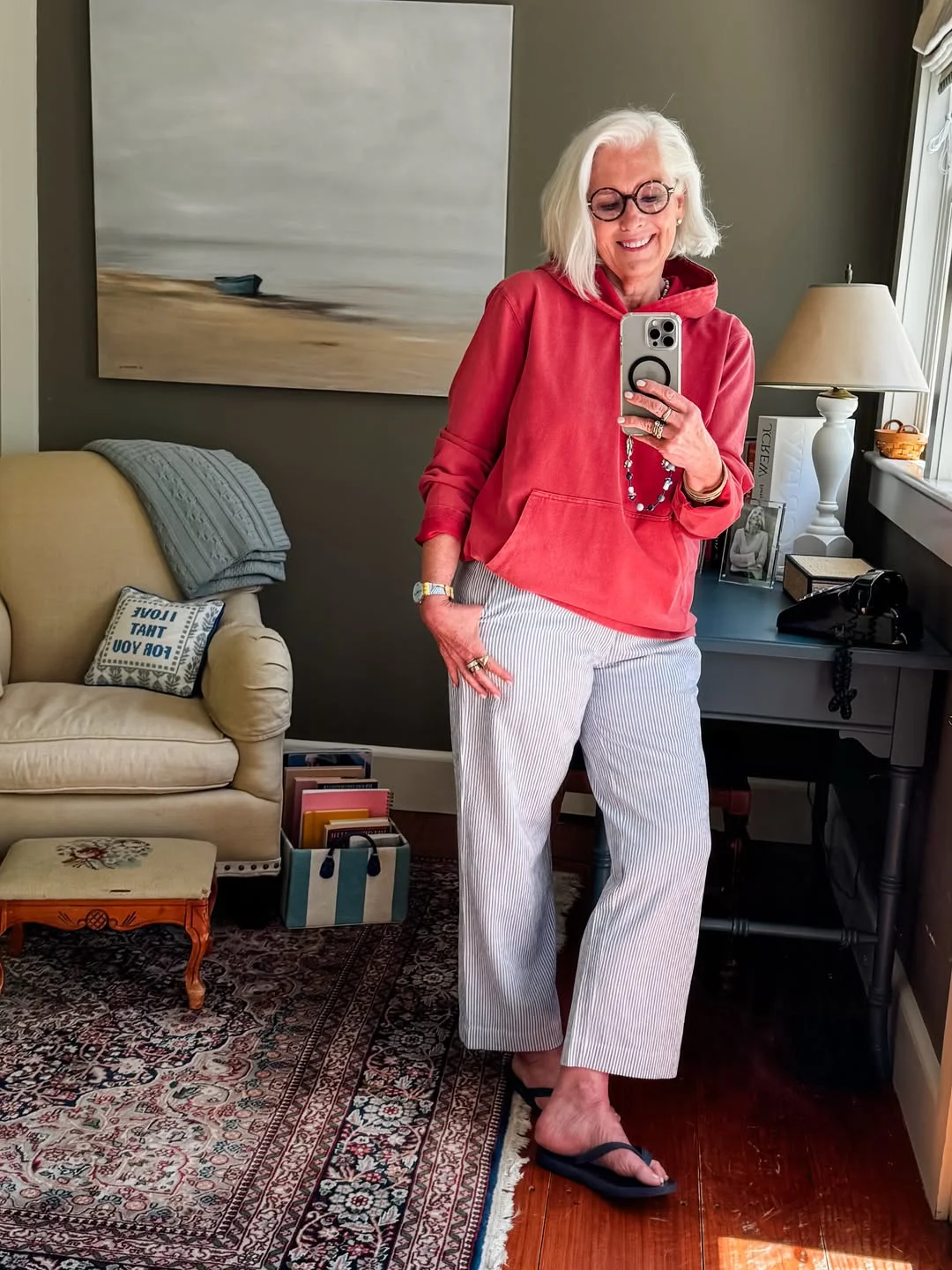 what to wear in fall 2026 over 50 Coral Hoodie With Striped Wide-Leg Pants