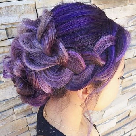 august hairstyles and color ideas 2026 + Violet Crown Braid Updo With Smoky Mauve Ribbons