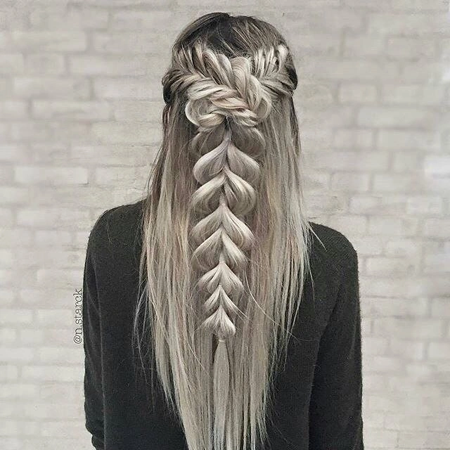 august hairstyles and color ideas 2026 + Silver Blonde Half-Up Waterfall Braid