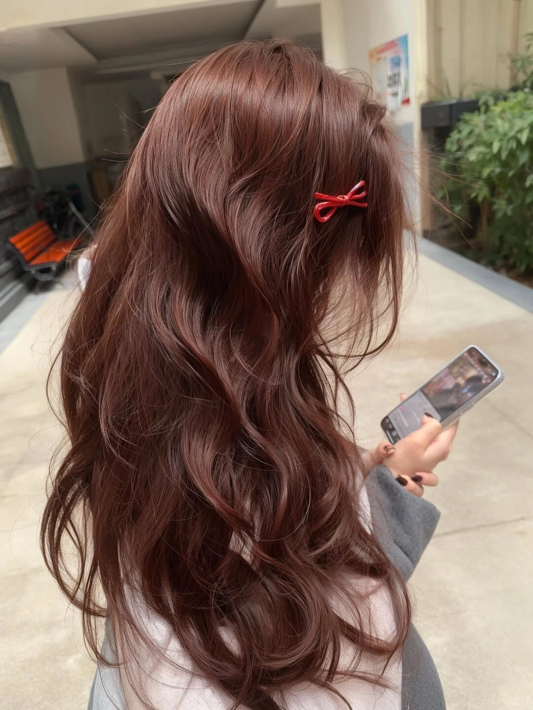 august hairstyles and color ideas 2026 + Soft Chestnut Waves With a Tiny Red Bow