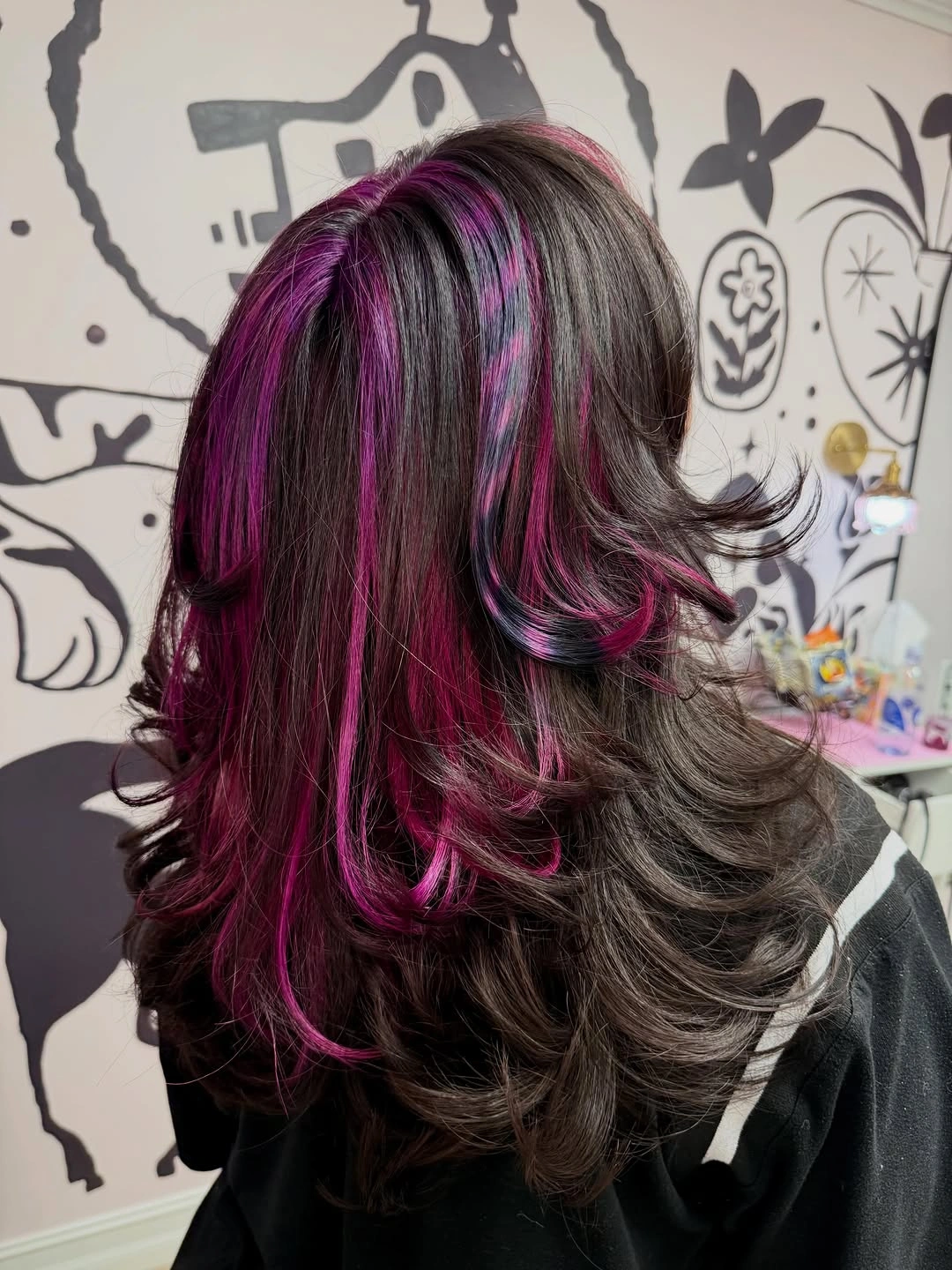 august hairstyles and color ideas 2026 + Cherry-Pink Ribbons on Layered Espresso Waves