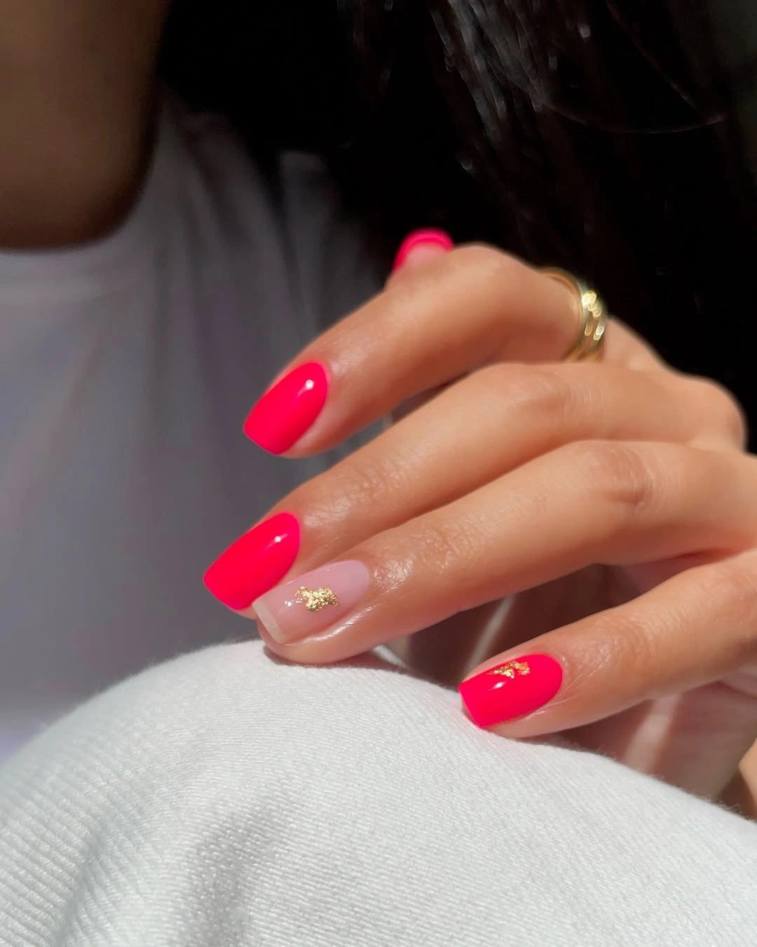 august nails color 2026 + Neon Pink Nails With Tiny Gold Foil Accents