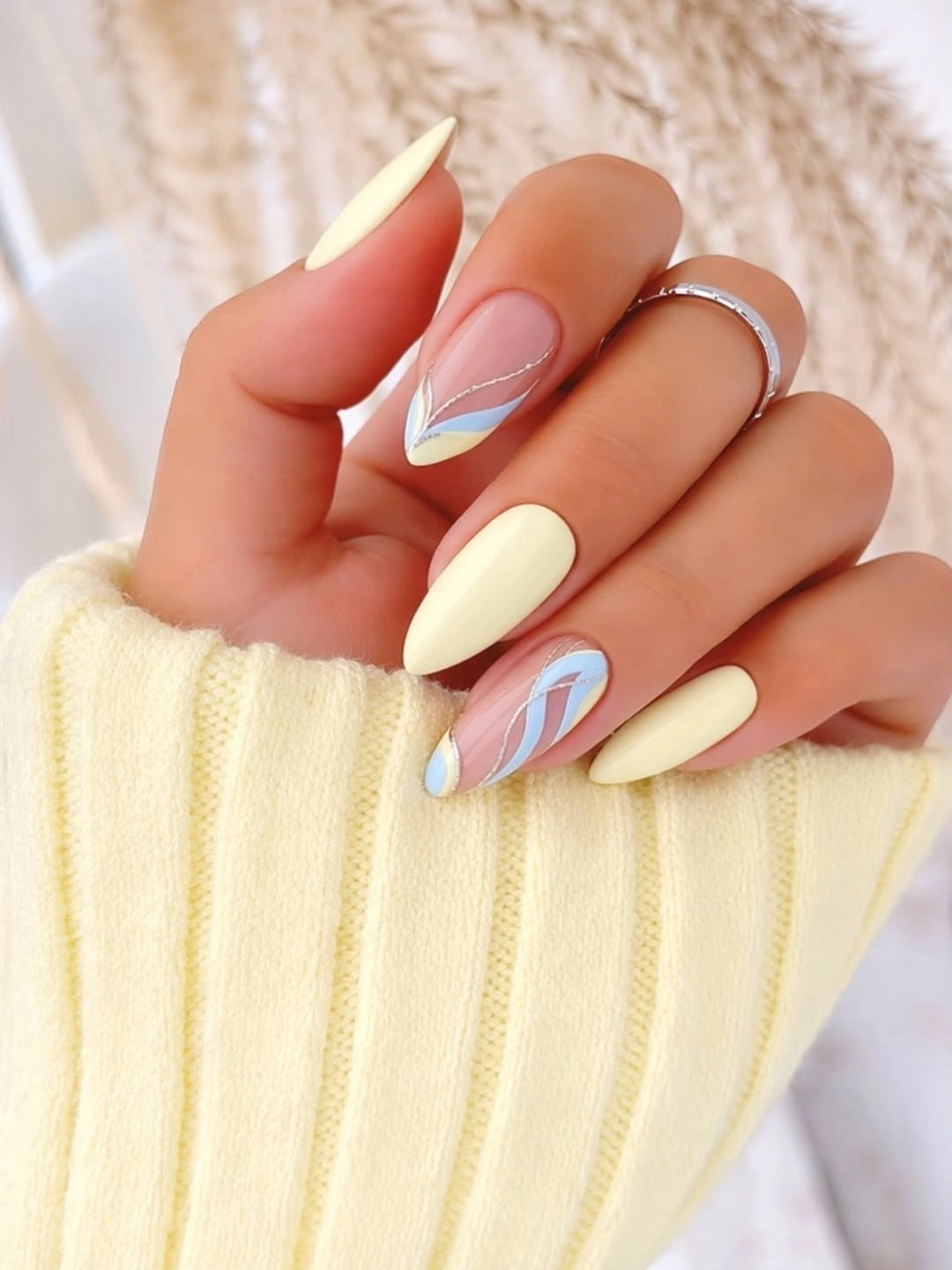 august nails color 2026 + Butter Yellow and Powder Blue Wave Nails