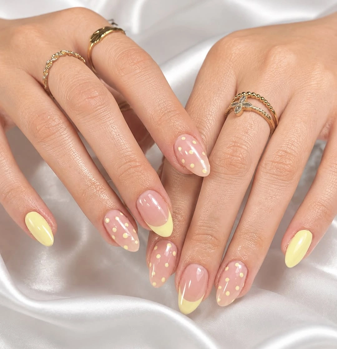 august nails color 2026 + Lemon Yellow French Tips and Dainty Dots
