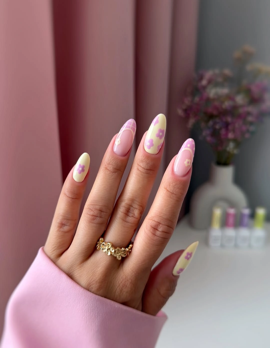 august nails color 2026 + Pastel Yellow Florals With Pink Details