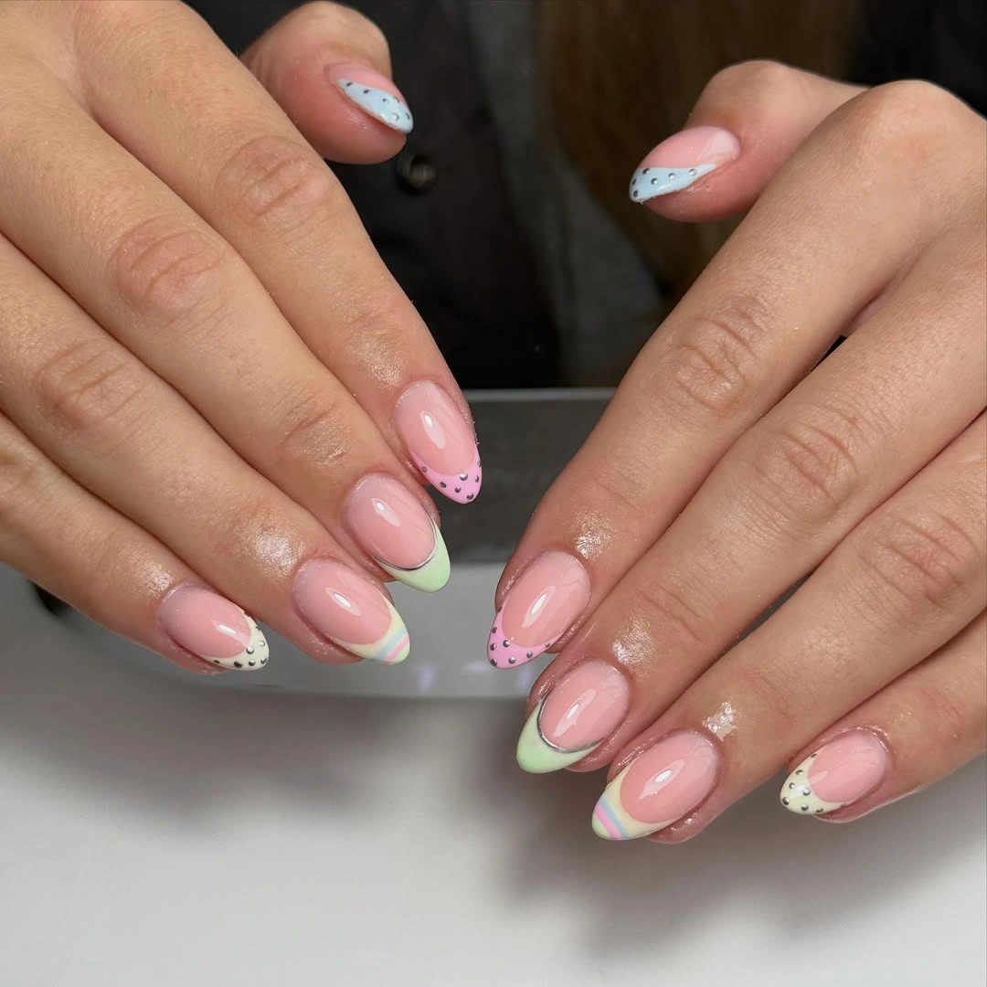 august nails color 2026 + Pastel French Tips With Tiny Studded Details