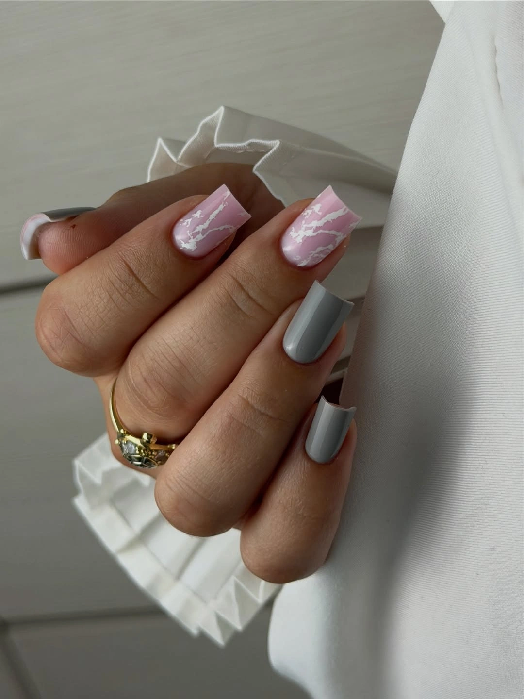august nails color 2026 + Pink and Gray Abstract Square Nails