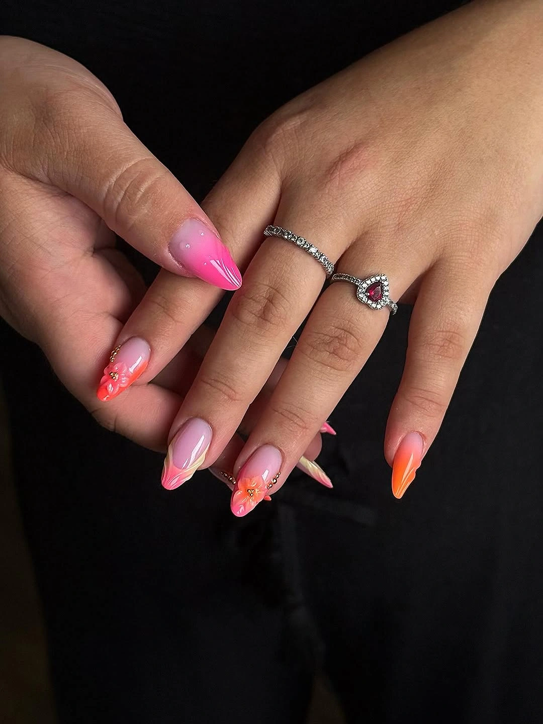 august nails color 2026 + Neon Pink and Orange Floral Accent Nails