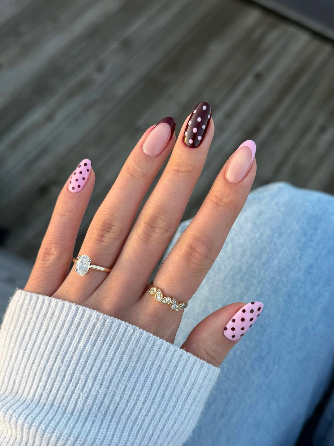 august nails color 2026 + Chocolate French Tips and Pink Polka Dots